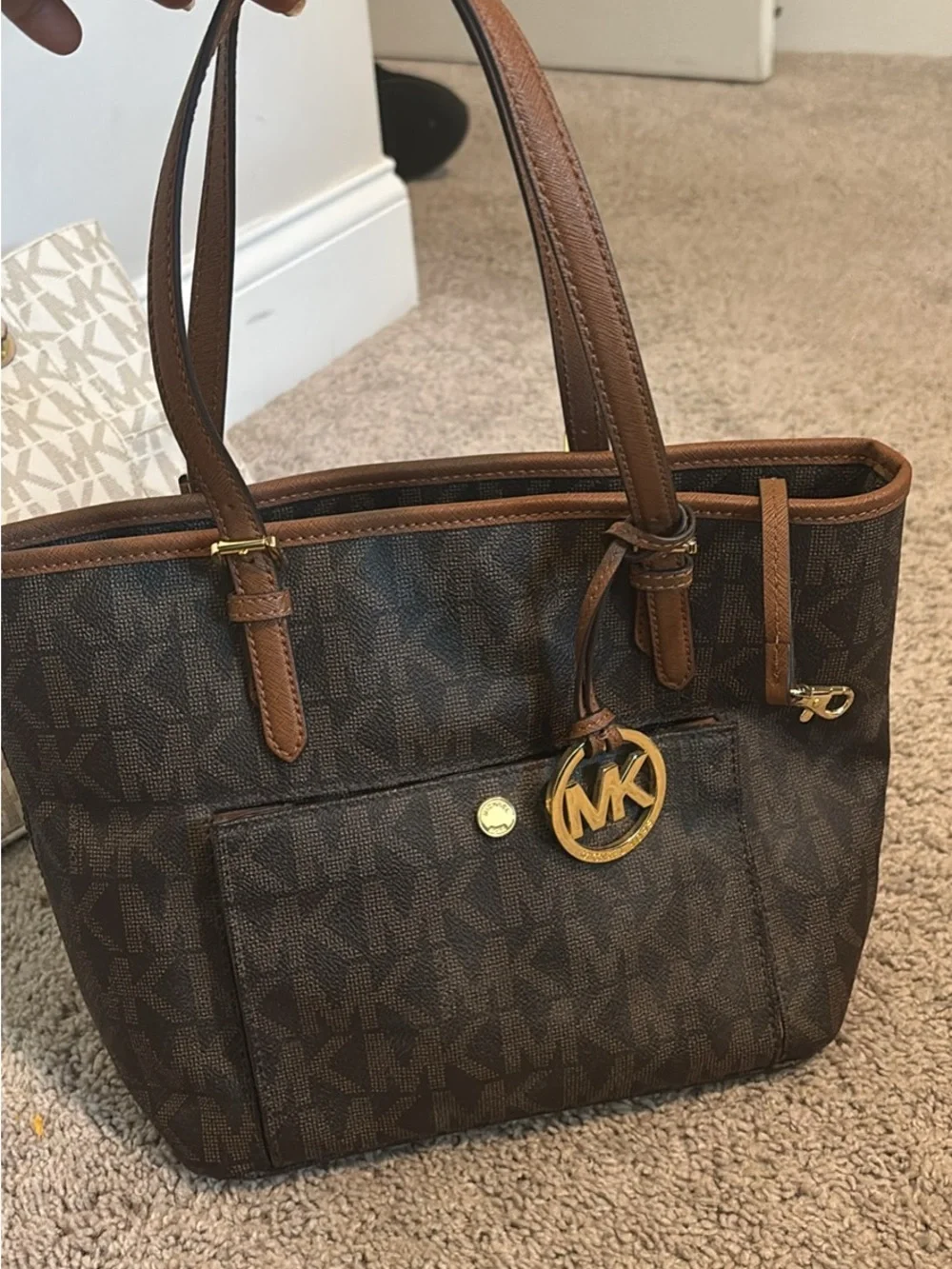 Michael Kors Brown Monogram Tote with Tan Trim and Gold Accent